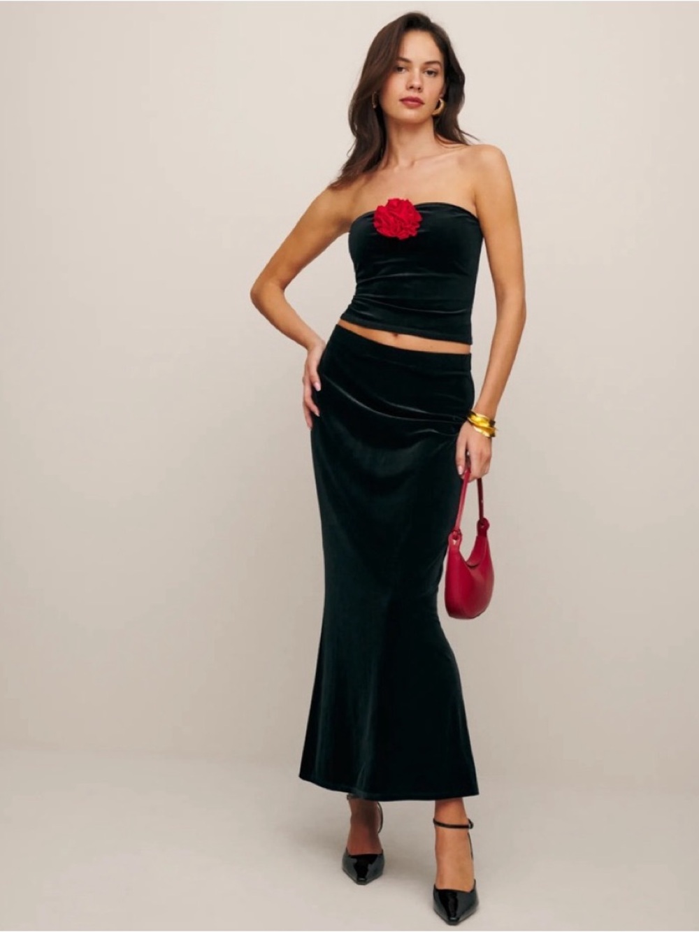 Reformation Black Velvet Two-Piece Skirt Set with Red Rosette